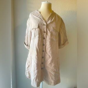 Coldwater Creek Women's Beige Button-Up Cargo Shirt Size L  100% linen